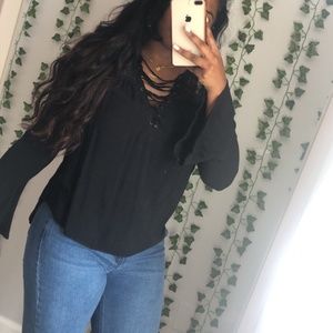 Black Lace Up Front Blouse